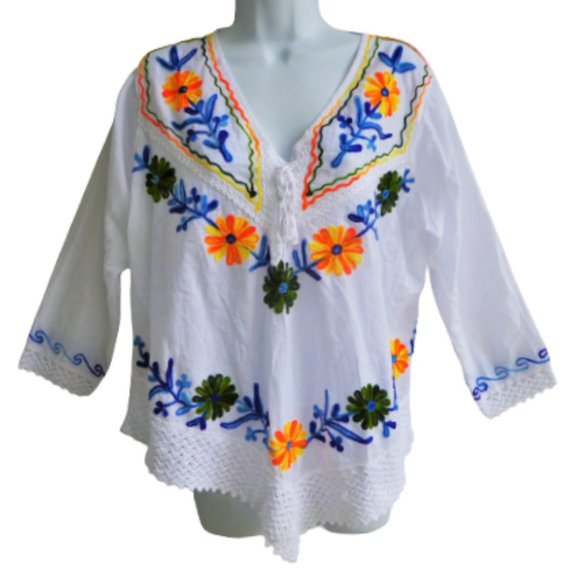 Royal Moda White Cotton Floral Embroidered Boho Top India Lightweight - Picture 1 of 7